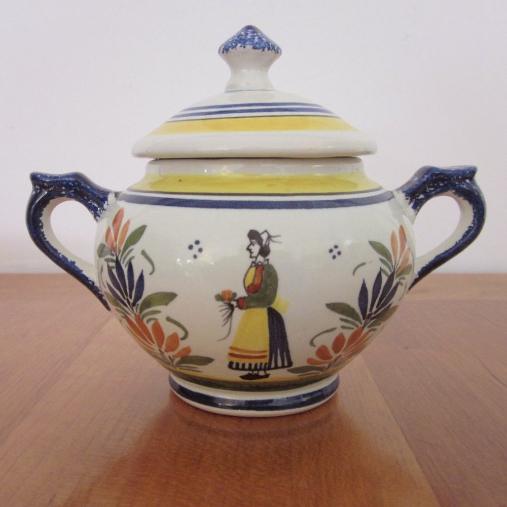 Henriot Quimper France Covered Sugar Bowl Breton Woman